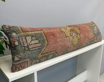 Luxury Lumbar Pillow 12x48", Turkish Rug Pillow, Vintage Cushion Cover, Red Kilim Pillow Cover, Boho Farmhouse Pillow, Ethnic Cushion Case