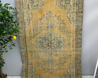 Muted Orange Vintage Rug, 4x7 Oushak Area Rug, Handmade Entryway Rug, Farmhouse Rug, 4x7 Bohemian Rug, Hallway Kitchen Rug, 4.7x7.5 ft