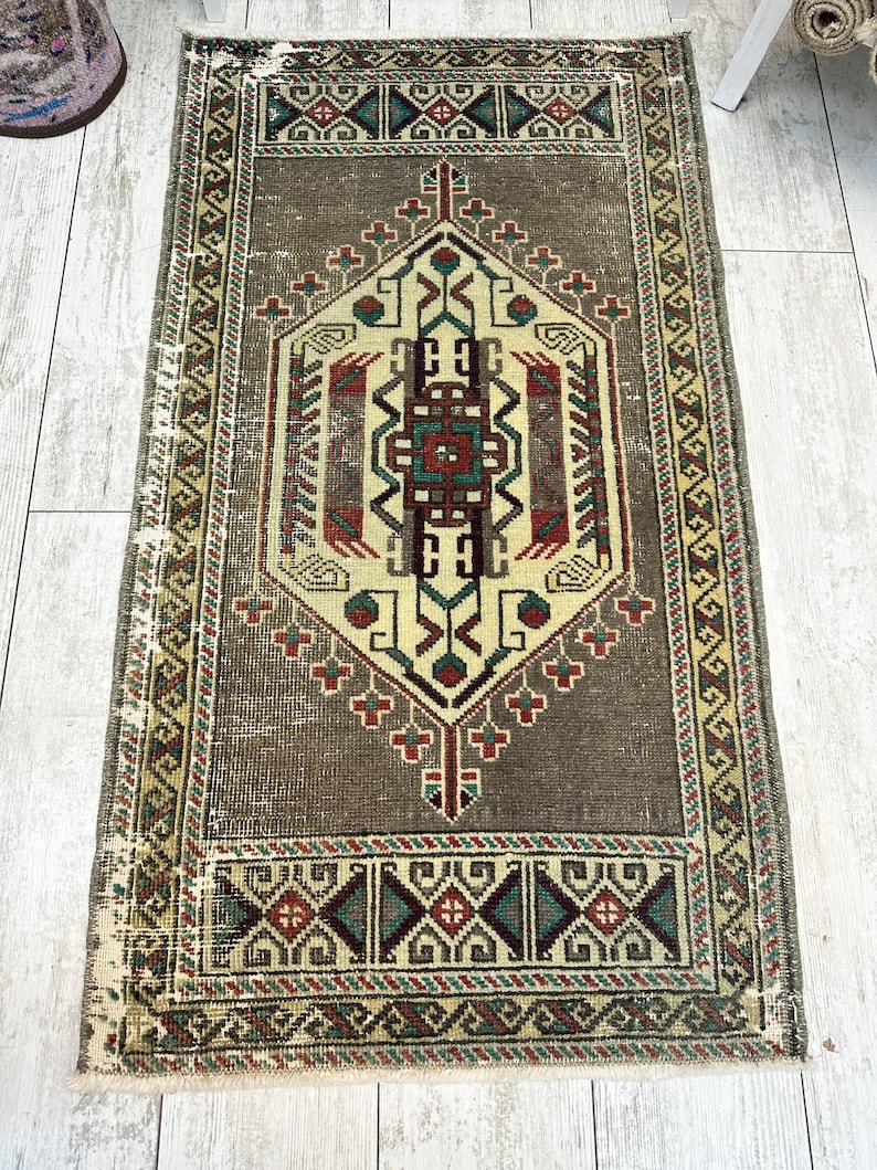 1x3 Gray Bathroom Rug, 1x3 Small Turkish Rug, Handmade Vintage Rug, Small Wool Rug, Bohemian Rug, Small Vintage Rug, Small Turkish Rug image 3