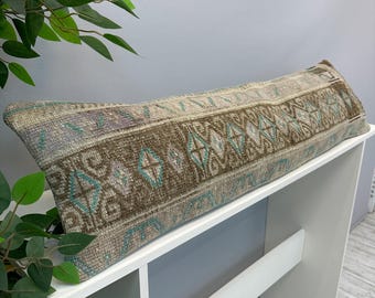 Vintage grön ländryggskudde 30x42 cm, lyxig ullkudde, turkisk matta, marockanskt vintageöverdrag, boho turkisk kudde, etniskt kuddfodral