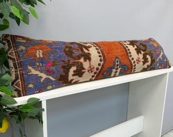Kilim Rug Pillow Cover 12x48", Vintage Rug Cushion Cover, Turkish Rug Pillow,Boho Farmhouse Pillow,Ethnic Cushion Case,Bolster Lumbar Pillow