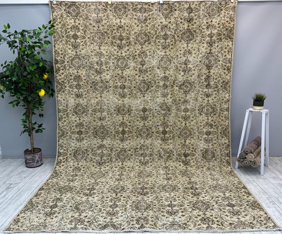 200x300 Türkischer Beiger Teppich, Handgefertigter Großflächenteppich, Boho Teppich, Vintage Oushak Teppich, 200x300 Wohnzimmerteppich