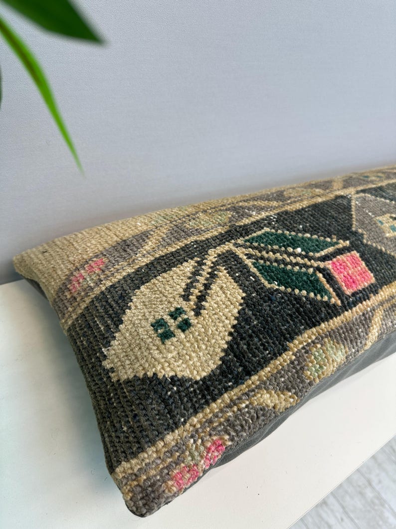 Vintage Rug Pillow 12x48", Handmade Rug Cushion Cover, Turkish Rug Pillow, Boho Farmhouse Pillow, Ethnic Cushion Case,Boho Lumbar Pillow image 9