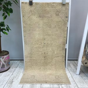 Tapete de banheiro pequeno 1x3, tapete boho decorativo 1x3, capacho bege, tapete Oushak pequeno, tapete marroquino, tapete de lã pequeno, tapete boho pequeno, 1,6x3,2 pés