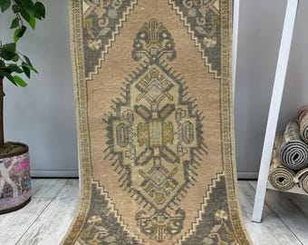 Badezimmer Teppich, 1x3 Türkischer Teppich, 1x3 Kleiner Boho Teppich, Beige Kleiner Wollteppich, Fußmatte, Kleiner Vintage Teppich, Türkischer Teppich, 50x90 cm