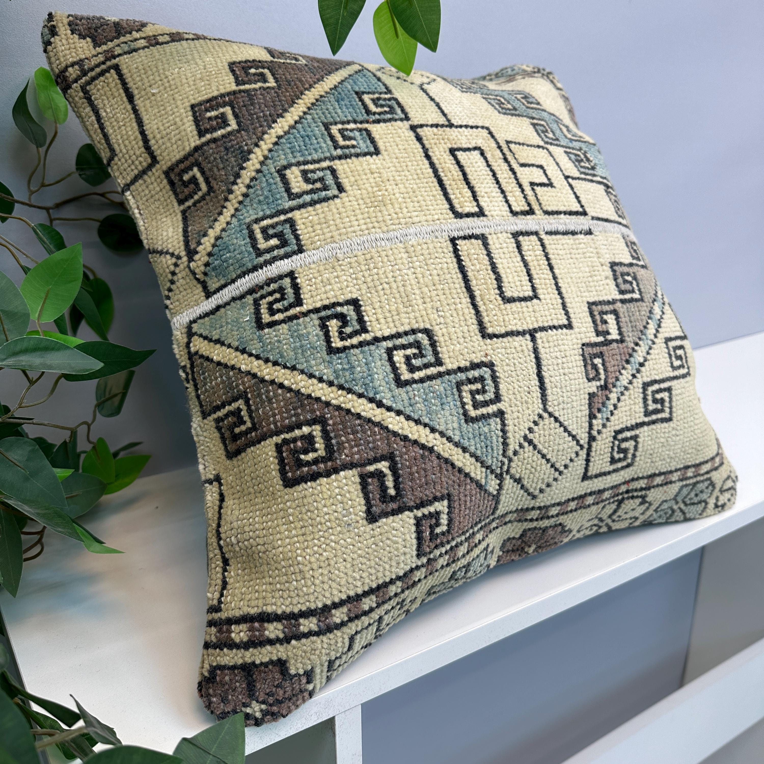 Vintage Blue Pillow Cover, 20x20 Bohemian Cushion, Handmade Pillow