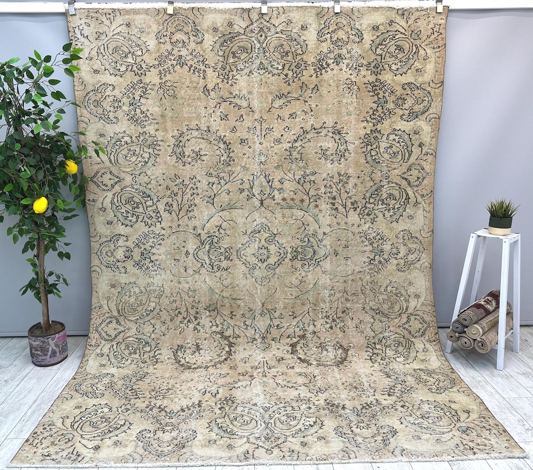 Vintage Floral Wool Rug, 7x9 Handmade Oushak Rug, Living Room Rug ...
