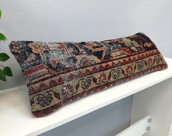 Vintage Kilim Pillow Cover 12x35", Luxury Lumbar Pillow, Turkish Rug Pillow, Vintage Cushion Cover,Boho Farmhouse Pillow,Ethnic Cushion Case
