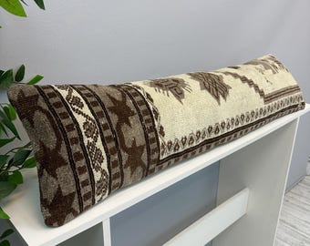 Vintage Brown Pillow 12x48", Handmade Wool Pillow Cover, Bohemian Pillow Cover, Moroccan Pillow, Ethnic Cushion Case, Luxury Lumbar Decor