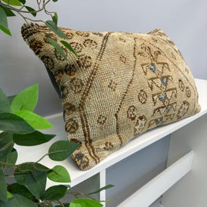 Beige Tulu Rug Pillow, Textured Shag Lumbar Pillow Cover, Vintage Turkish Wool Cushion, Boho Tribal Farmhouse Decor, Mustard Accent