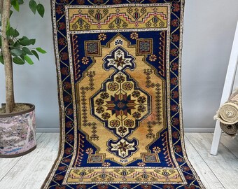 Small Turkish Rug, Small Wool Rug, 1x3 Area Rug, Brown Rustic Rug, Oushak Rug, Small Moroccan Rug, Handmade Rug, Front Doormat, 2x3.5 ft