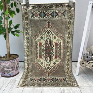 1x3 Gray Bathroom Rug, 1x3 Small Turkish Rug, Handmade Vintage Rug, Small Wool Rug, Bohemian Rug, Small Vintage Rug, Small Turkish Rug image 1