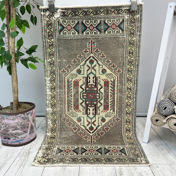 1x3 Gray Bathroom Rug, 1x3 Small Turkish Rug, Handmade Vintage Rug, Small Wool Rug, Bohemian Rug, Small Vintage Rug, Small Turkish Rug