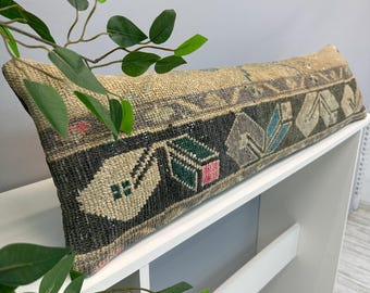 Vintage Rug Pillow 12x48", Handmade Rug Cushion Cover, Turkish Rug Pillow, Boho Farmhouse Pillow, Ethnic Cushion Case,Boho Lumbar Pillow