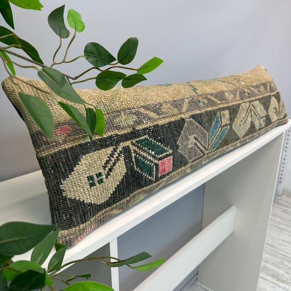 Vintage Rug Pillow 12x48", Handmade Rug Cushion Cover, Turkish Rug Pillow, Boho Farmhouse Pillow, Ethnic Cushion Case,Boho Lumbar Pillow
