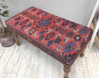 Roter Azteken Kelim Teppich Gepolsterte Osmanische Sitzbank Für Wohnzimmer, Boho Schlafzimmer Bed End Bank, Eingangsbereich Fußhocker, Bauernhausbank im Südwesten