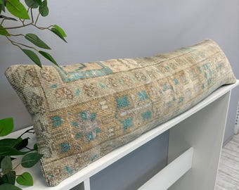 Vintage Cushion Cover 12x48", Kilim Rug Pillow Cover, Turkish Rug Pillow, Boho Farmhouse Pillow, Ethnic Aztec Pillow, Bolster Lumbar Pillow