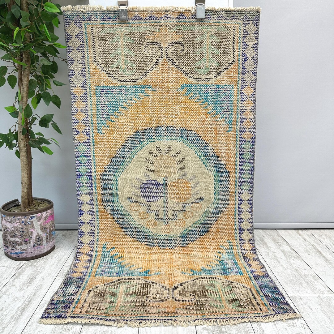 2x4 Small Orange Rug, 2x4 Wool Kitchen Rug, Blue Doormat Rug, Small ...
