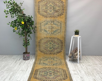 Tappeto turco floreale, tappeto Oushak vintage 3x11, tappeto boho fatto a mano, tappeto rustico per la casa, tappeto boho 3x11, tappeto per corridoio, tappeto per camera da letto, 3,1x11,1 piedi