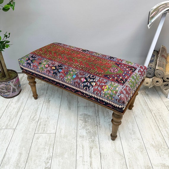 Ottoman Bench 18x48", Turkish Kilim Rug Upholstered Bench, Boho Bedroom Livingroom Bench, Entryway Footstool Pouf, Southwestern Dining Bench
