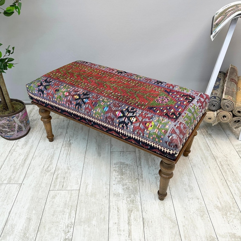Ottoman Bench 18x48", Turkish Kilim Rug Upholstered Bench, Boho Bedroom Livingroom Bench, Entryway Footstool Pouf, Southwestern Dining Bench