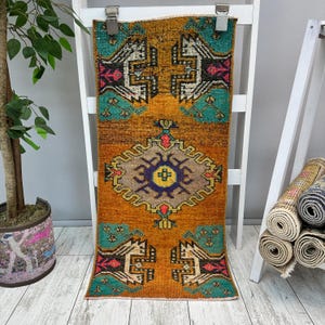 1x3 Small Kitchen Rug, 1x3 Orange Vintage Rug, Area Rug, Small Oushak Rug, Vintage Doormat, Aesthetic Rug, Oriental Rug, Wool Rug, 1.4x3 ft