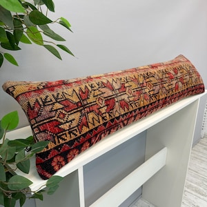 Kilim Rug Pillow Cover 12x48", Vintage Rug Cushion Cover, Turkish Rug Pillow,Boho Farmhouse Pillow,Ethnic Cushion Case,Bolster Lumbar Pillow