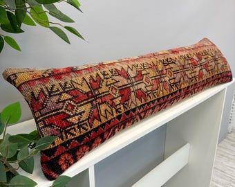 Kilim Rug Pillow Cover 12x48", Vintage Rug Cushion Cover, Turkish Rug Pillow,Boho Farmhouse Pillow,Ethnic Cushion Case,Bolster Lumbar Pillow