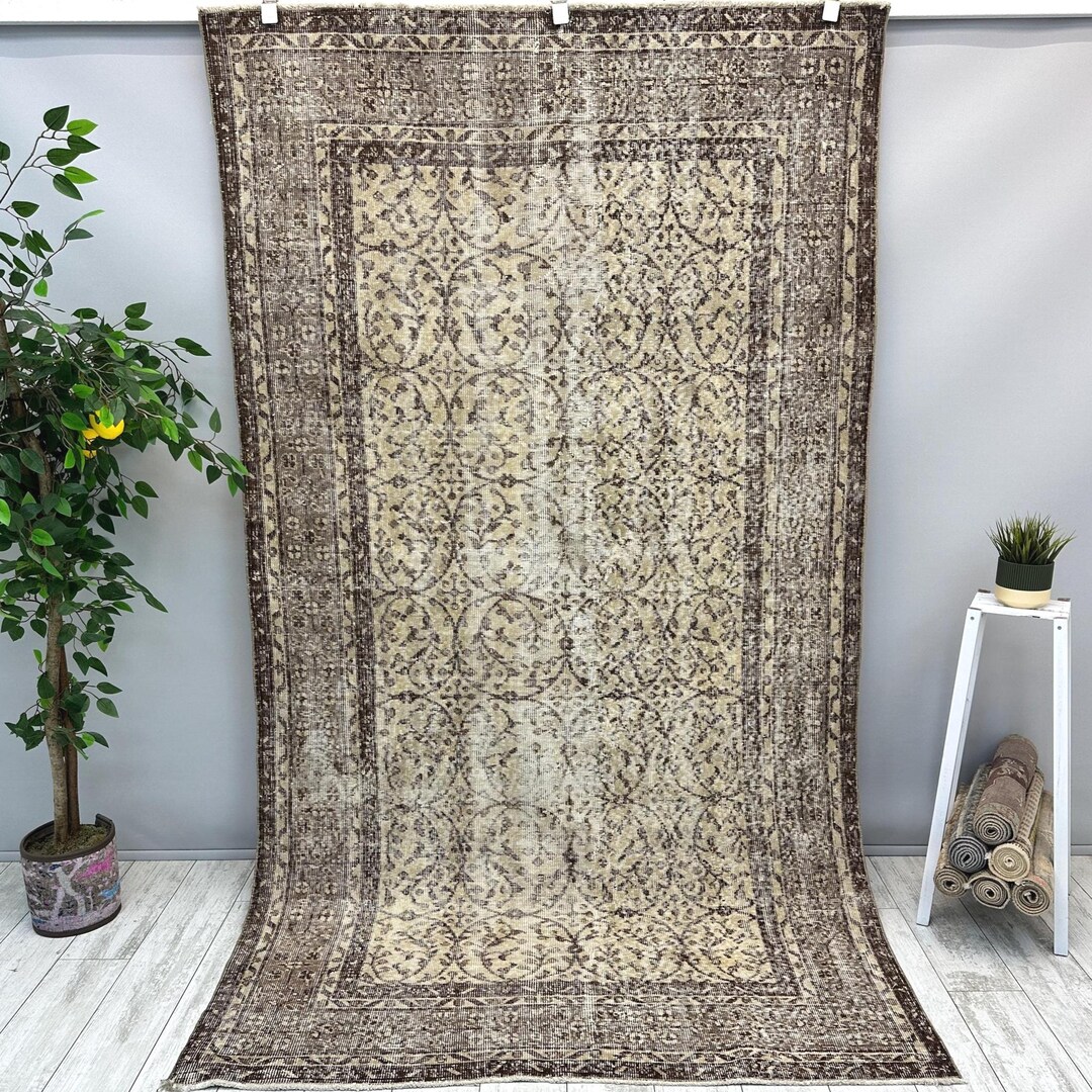 4x8 Brown Floral Rug, 4x8 Handmade Area Rug, Antique Kitchen Rug ...