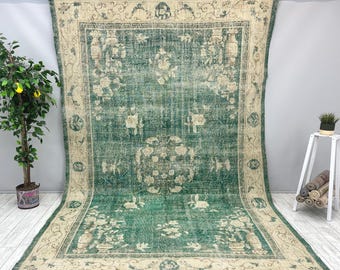 Green Large Rug 7x10, Large Vintage Oushak Rug, 7x10 Bohemian Livingroom Rug, Wool Office Rug, Handmade Turkish Rug, 7x10.3 ft