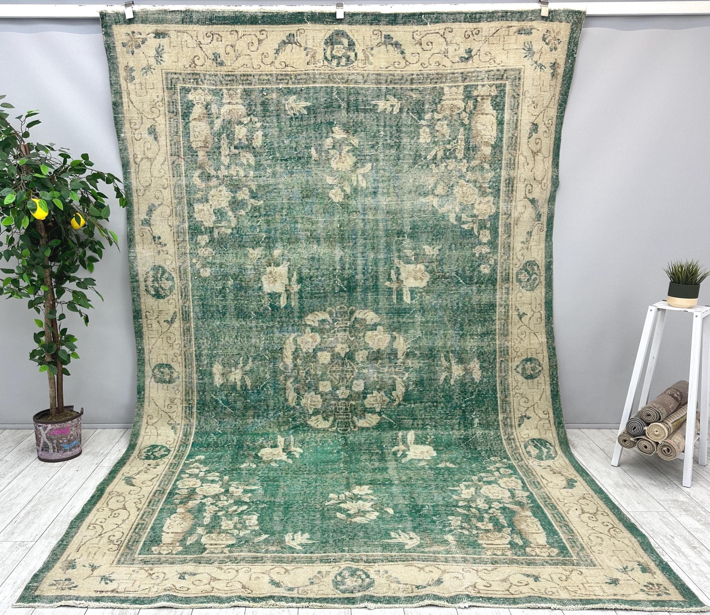 Großer Grüner Teppich 200x300, Handgewebter Vintage Oushak Teppich, Kurzflor Teppich, Handgemachter Wollteppich im Wohnzimmer