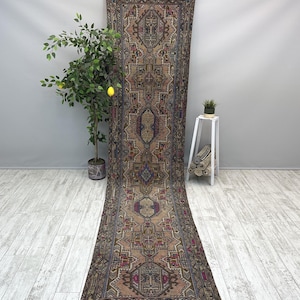 Pink Persian Runner Rug 3x12, Vintage Turkish Runner Rug, Handmade Geometric Hallway Kitchen Entryway Runner Rug, Boho Runner Rug 3x12.2ft