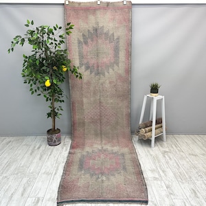 Pink Herki Runner Rug 3x11, Vintage Wool Runner Rug, Handmade Bohemian Rug, Hallway Kitchen Runner Rug, Boho Corridor Rug 3.1x11 ft
