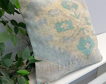 Beige Brown Vintage Kilim Pillow, Handmade Square Cushion Cover, Neutral Boho Decor, Rustic Textured Throw Pillow for Sofa