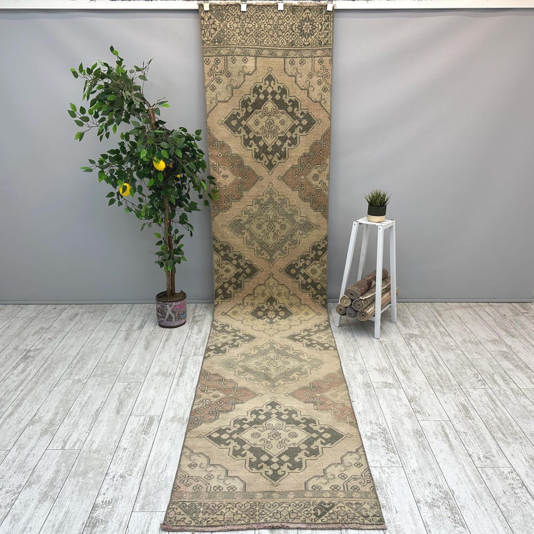 Vintage Turkish Runner Rug, 3x13 Muted Burgundy Oushak Hallway Rug