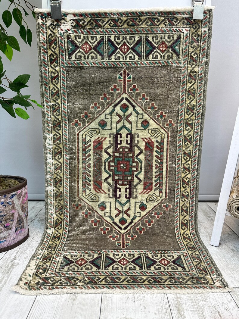 1x3 Gray Bathroom Rug, 1x3 Small Turkish Rug, Handmade Vintage Rug, Small Wool Rug, Bohemian Rug, Small Vintage Rug, Small Turkish Rug image 2