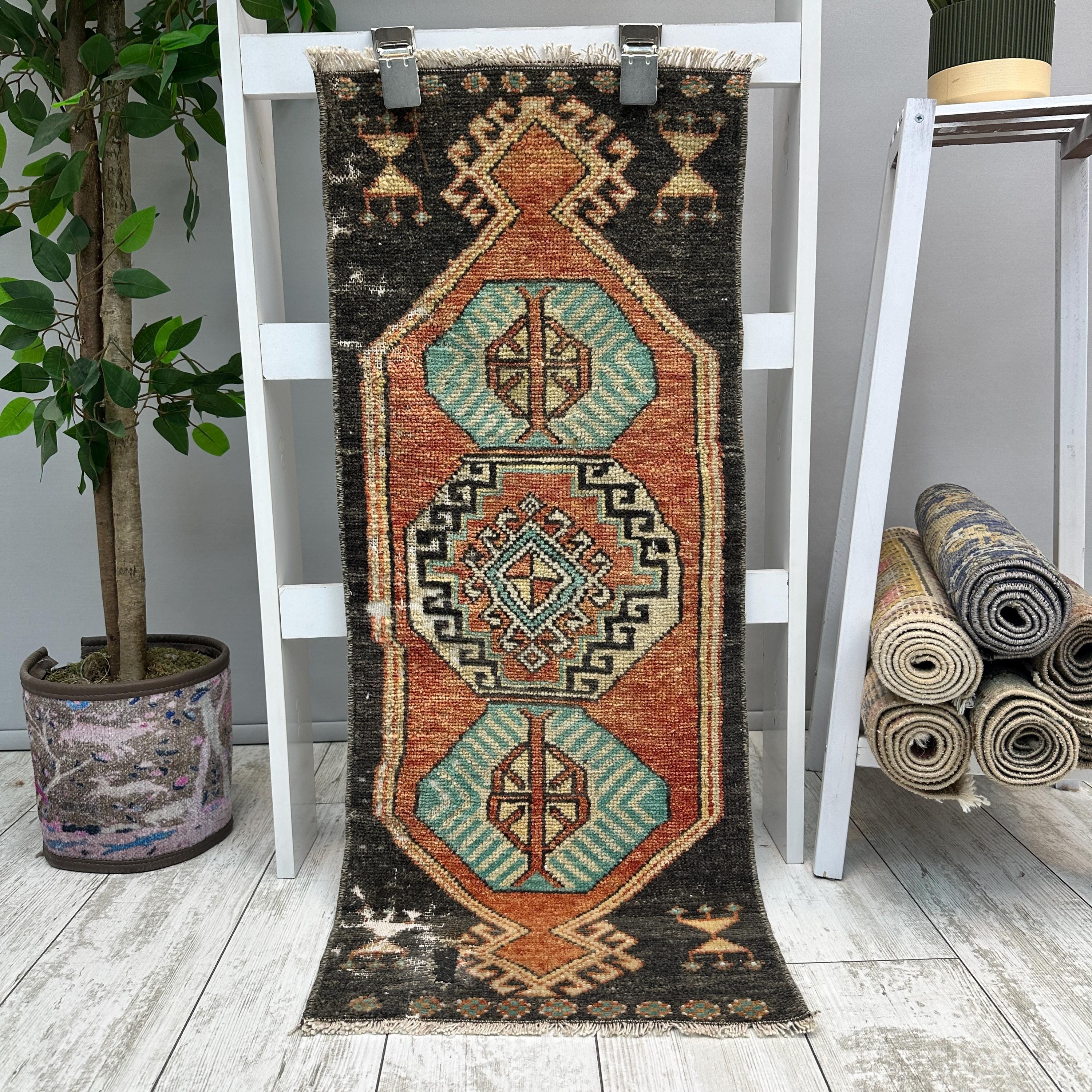 Orange Fußmatte Teppich 40x100, Kleiner Orientteppich, Handgeknüpfter Teppich 1x3, Handgeknüpfter Wollteppich, Kleiner Vintage Teppich, Türkischer Teppich, Kleiner Orientteppich