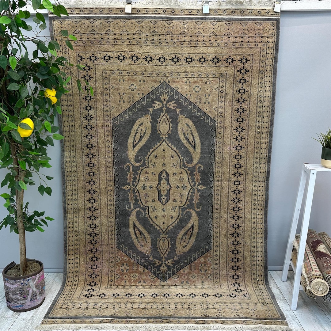 4x6 Vintage Turkish Rug, 4x6 Handmade Oushak Rug, Living Room Rug