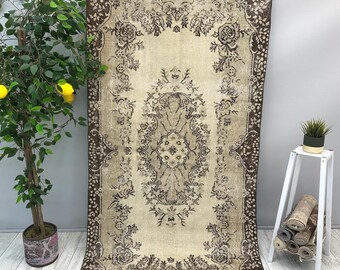 Tappeto floreale beige, tappeto vintage turco 4x7, tappeto per ingresso fatto a mano, tappeto per soggiorno, tappeto boho 4x7, tappeto per corridoio e cucina, tappeto antico 3,8x7,3 piedi