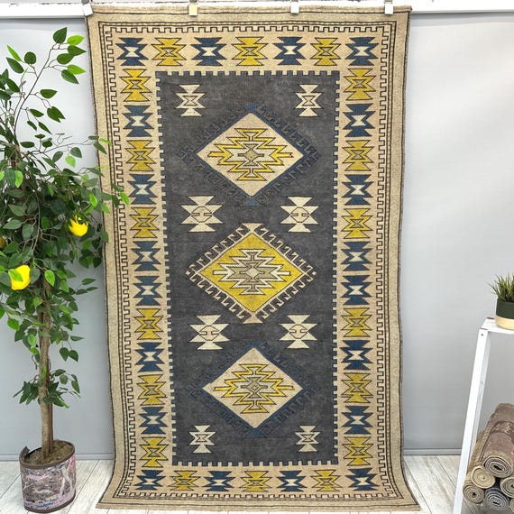 Türkischer Teppich 100x200, Handgefertigter Oushak Teppich, Ausgeblichener Vintage Teppich, 100x200 Kelimteppich, Boho Teppich, Flur Küchenteppich, 100x200 cm