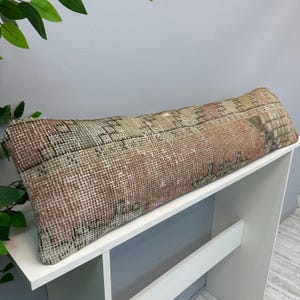 Muted Kilim Lumbar Pillow, 12x48 Extra Long Turkish Rug Cushion, Cream And Tan Vintage Pillow Cover, Handwoven Anatolian Bolster For Bed