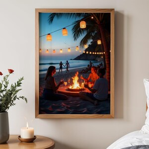 Strand-Sonnenuntergang-Wand-Kunst, tropische Strand-Feuerstelle, Küstenstrand-Dekor, Ozean-Ansichts-Wandkunst, Sonnenuntergang-Stranddruck, Strand-Fotografie