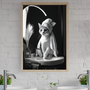 Lindo arte de pared de gato en el baño, divertido póster de gato para decoración de baño, impresión de gato con toalla, arte de pared para amantes de los gatos, arte de baño único