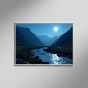 Moonlit Mountain River Scene, Tranquil Night Landscape Art, Serene Nature Wall Decor, Blue Night Sky Print, Scenic Mountain View