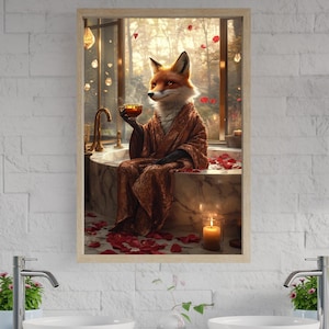 Fox Drinking Tea in Bathtub Wall Art, Relaxing Fox Print, Cozy Bathroom Decor, Cute Animal Art for Home, Unique Gift Idea, Woodland Art