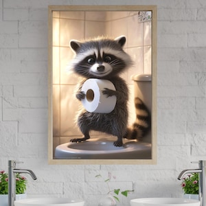 Cute Raccoon with Toilet Paper Wall Art, Funny Bathroom Decor, Animal Art Print for Kids, Cute Raccoon Poster for Home Decor