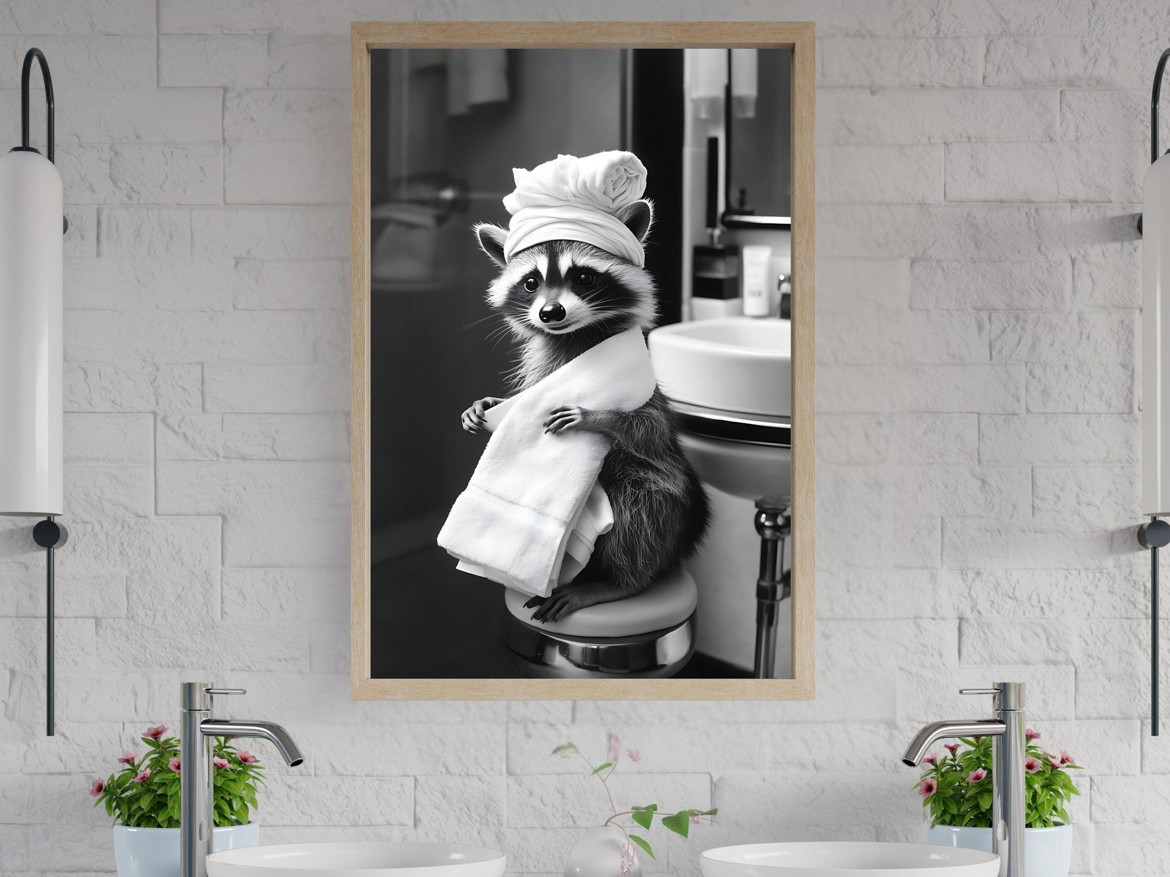 Cute Raccoon Bathroom Wall Art, Funny Animal Poster, Monochrome Raccoon ...