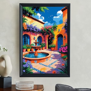 Vibrant courtyard garden wall art, colorful Mediterranean decor, floral outdoor patio scene print, bright garden fountain artwork