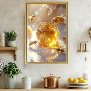 Goldene Honigbiene Kunstdruck, Honigglas mit Bienen Poster, Küchendeko, Naturfotografie, Bienenwabe, Wanddeko, Geschenkidee