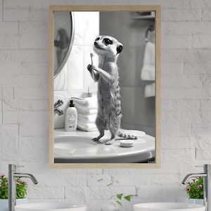 Cute Meerkat Wall Art Print, Meerkat Brushing Teeth Art, Funny Animal Bathroom Decor, Black and White Artwork, Childrens Room Decor